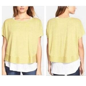 Eileen Fisher Organic Linen Jersey Stripe Tee Shirt Ochre Yellow Chartreuse XS